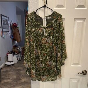Umgee Green Floral dress with Orange Accents